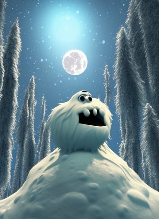 Hairy Snow Monster in Dark Forest: 3D Digital Art