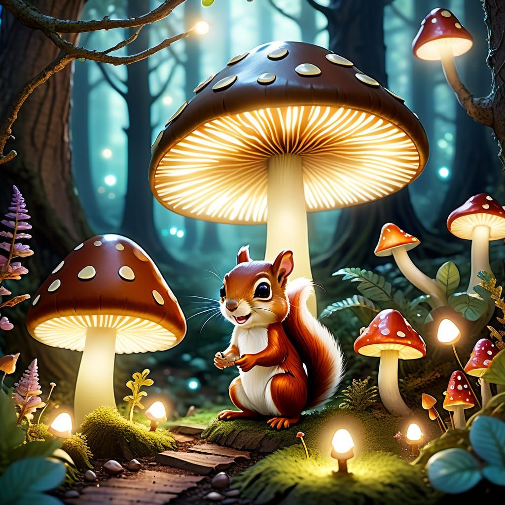 Mischievous Squirrel Stealing Acorn in Fairy Garden