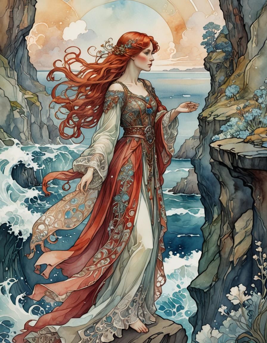 Mystical Redhead at Cliff in Art Nouveau Style