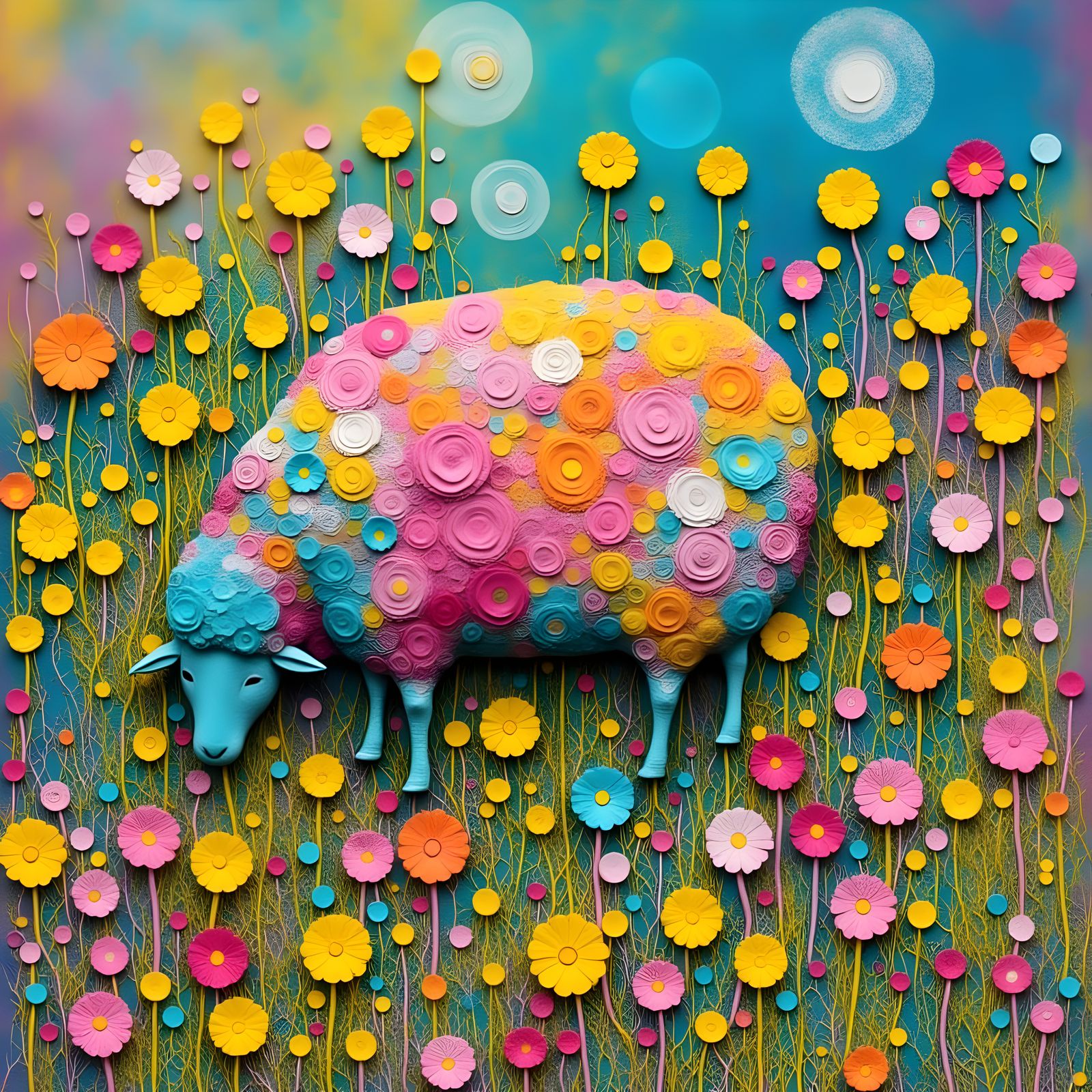 Rainbow Sheep Collage in Twilight, Mixed Media Art