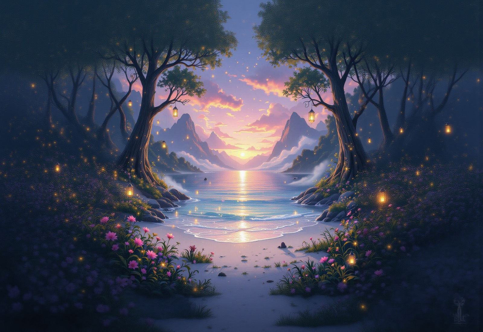 Enchanting Fairytale Seascape at Sunset, Digital Art