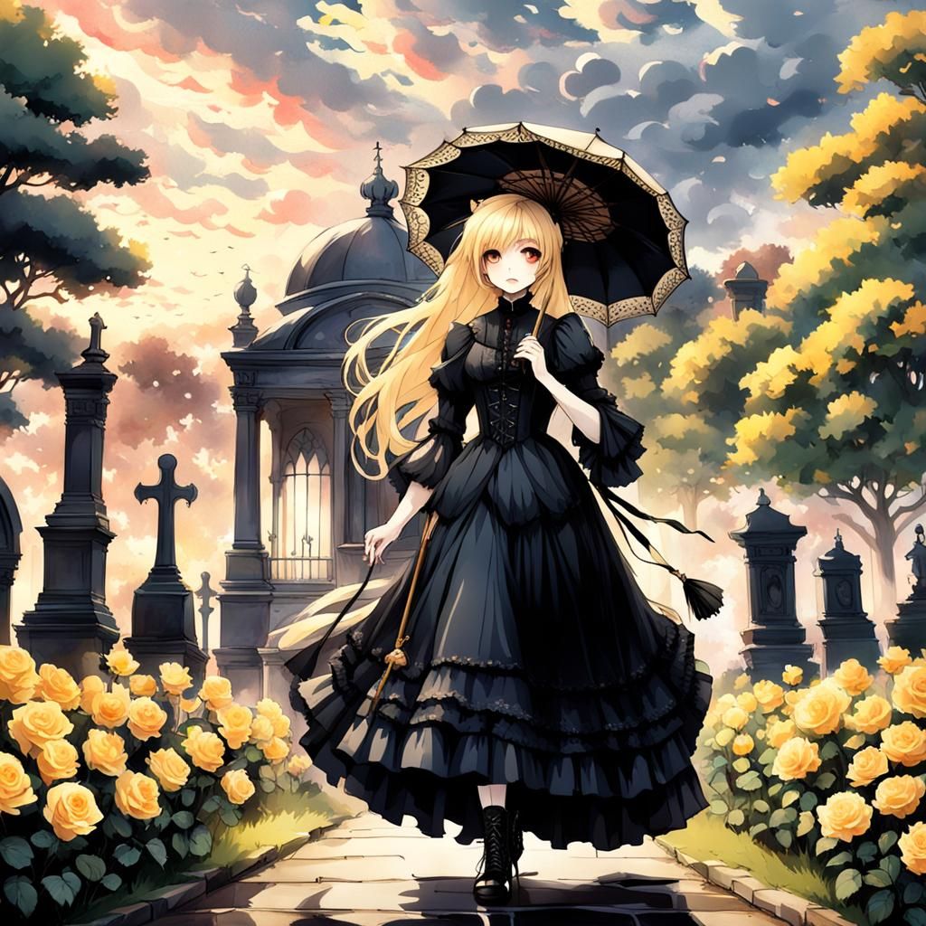 Anime Girl in Victorian Dress with Yellow Roses