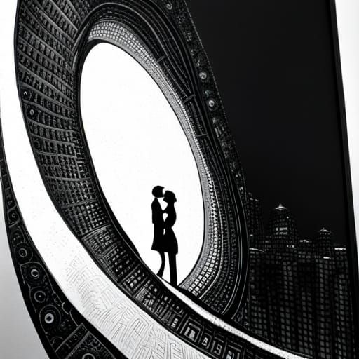 Ying and Yang Couple Kissing in Moonlit City