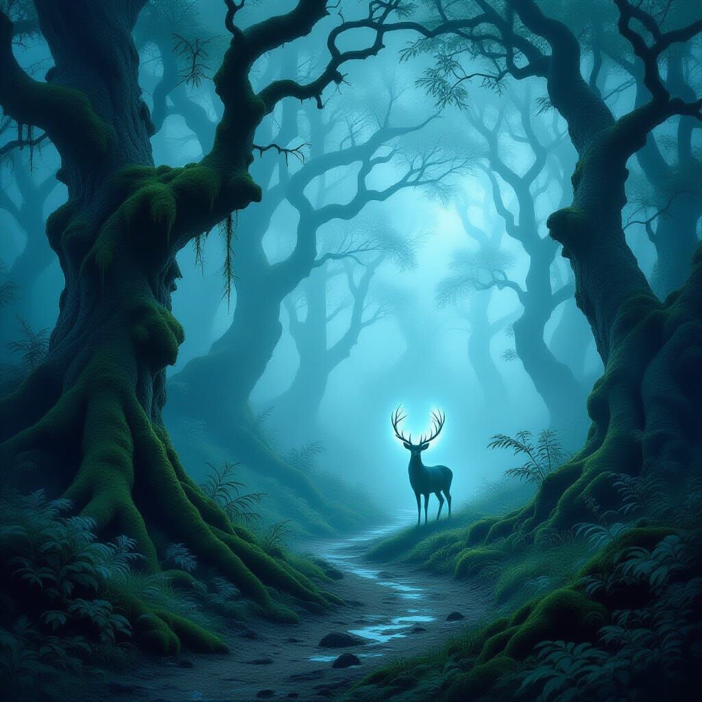 Ethereal Forest Path with Spectral Deer in Foggy Light