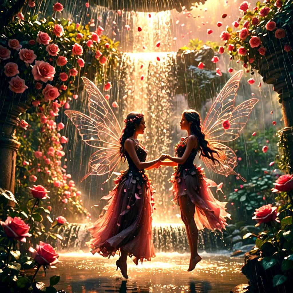 Fairies Dancing in a Rose Blossom Waterfall Garden