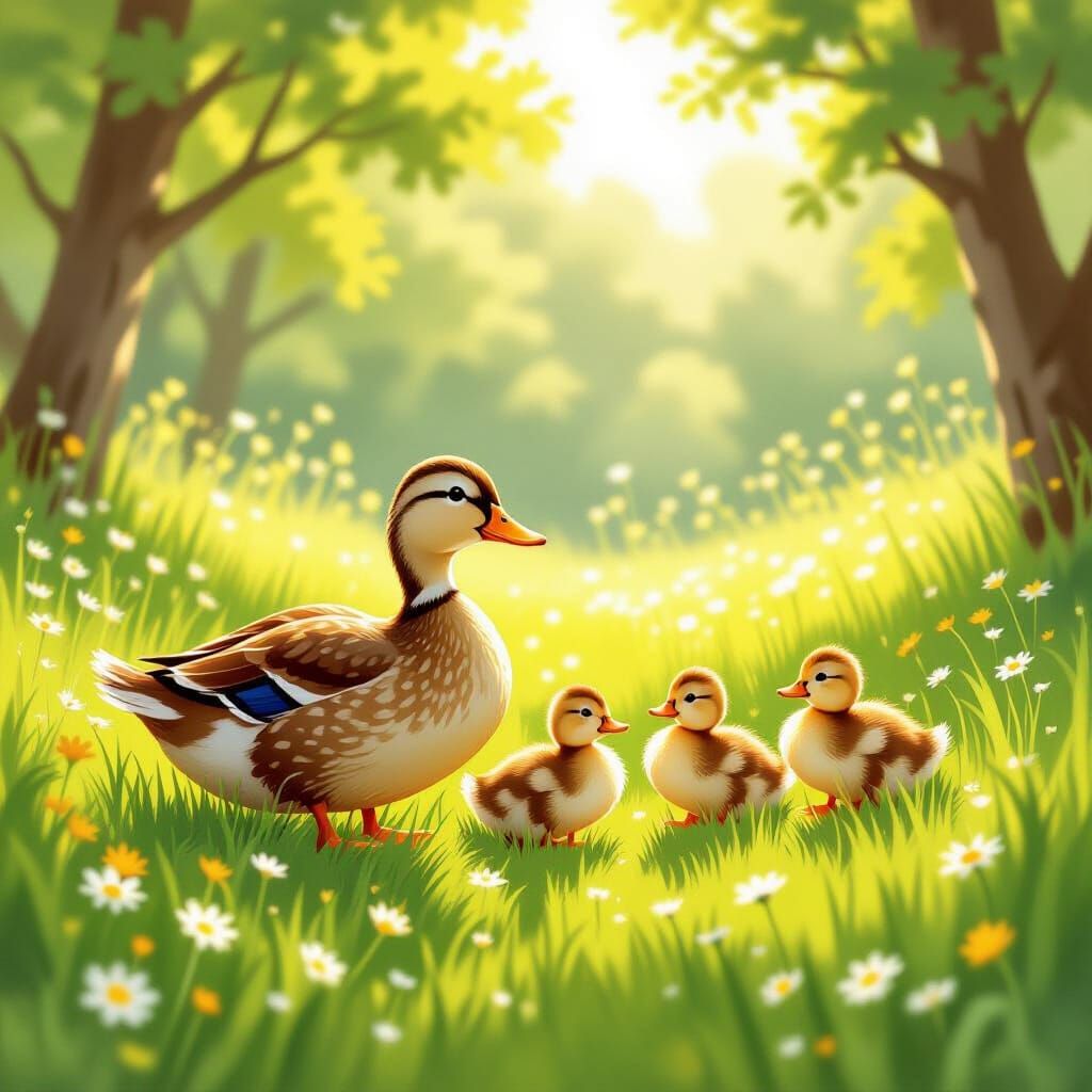 Mother Duck and Ducklings in Sunny Meadow