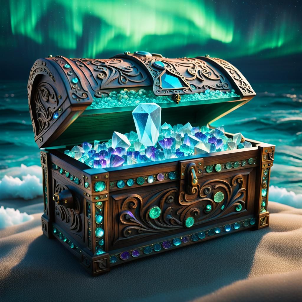 Cosmic Treasure Chest Rising from Ocean Waves