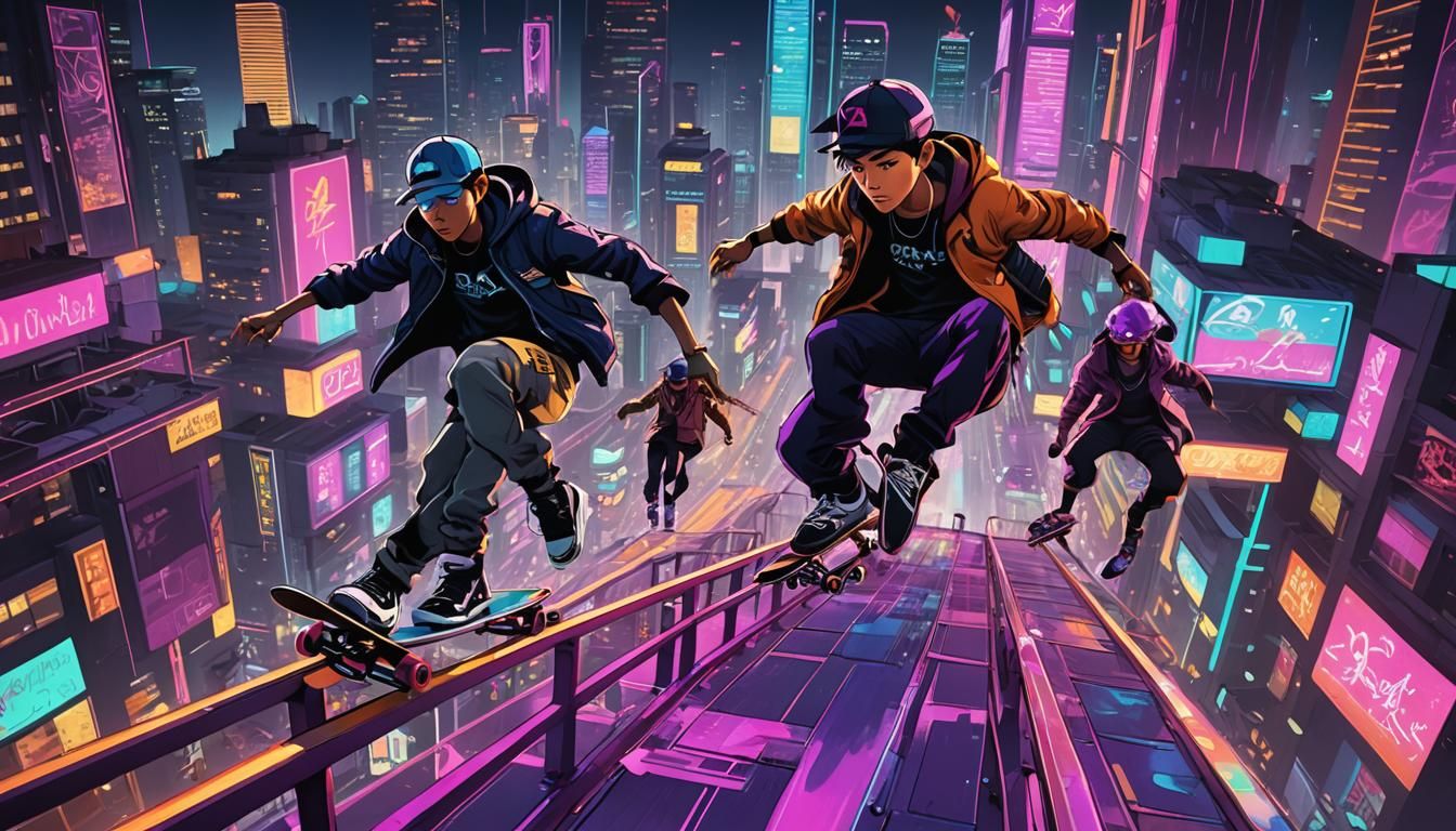 Futuristic Cityscape with Skaters in 90s Style