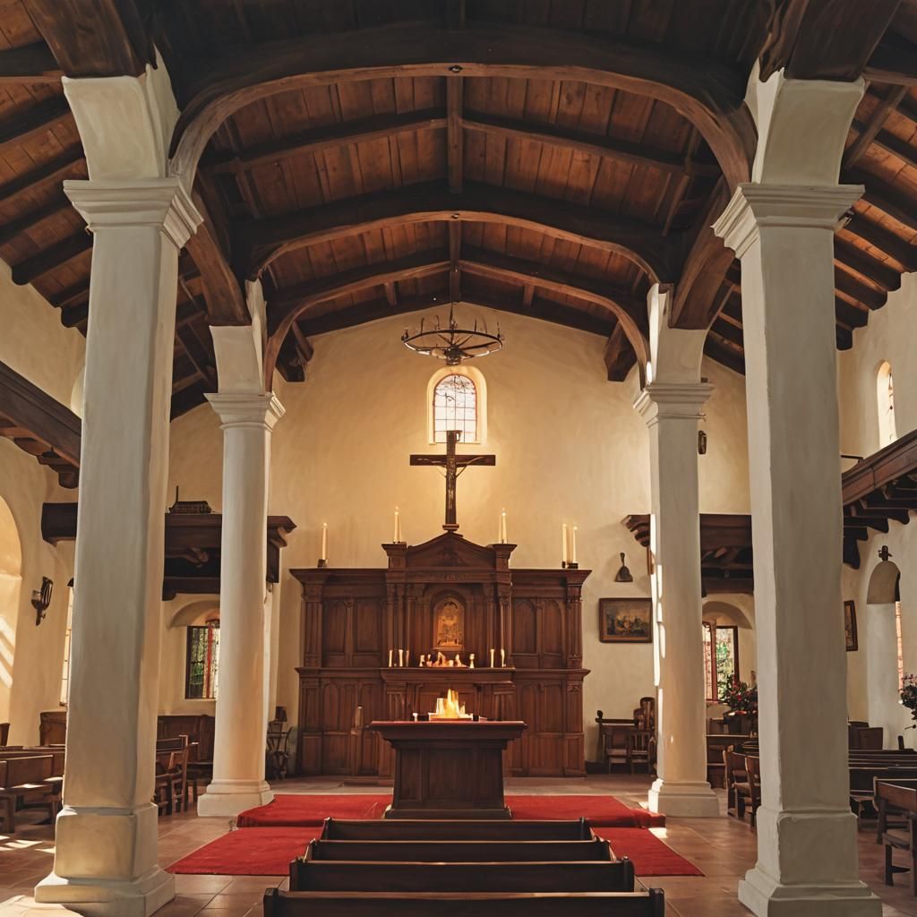 Sunlit Spanish Mission Interior in Oil Painting Style