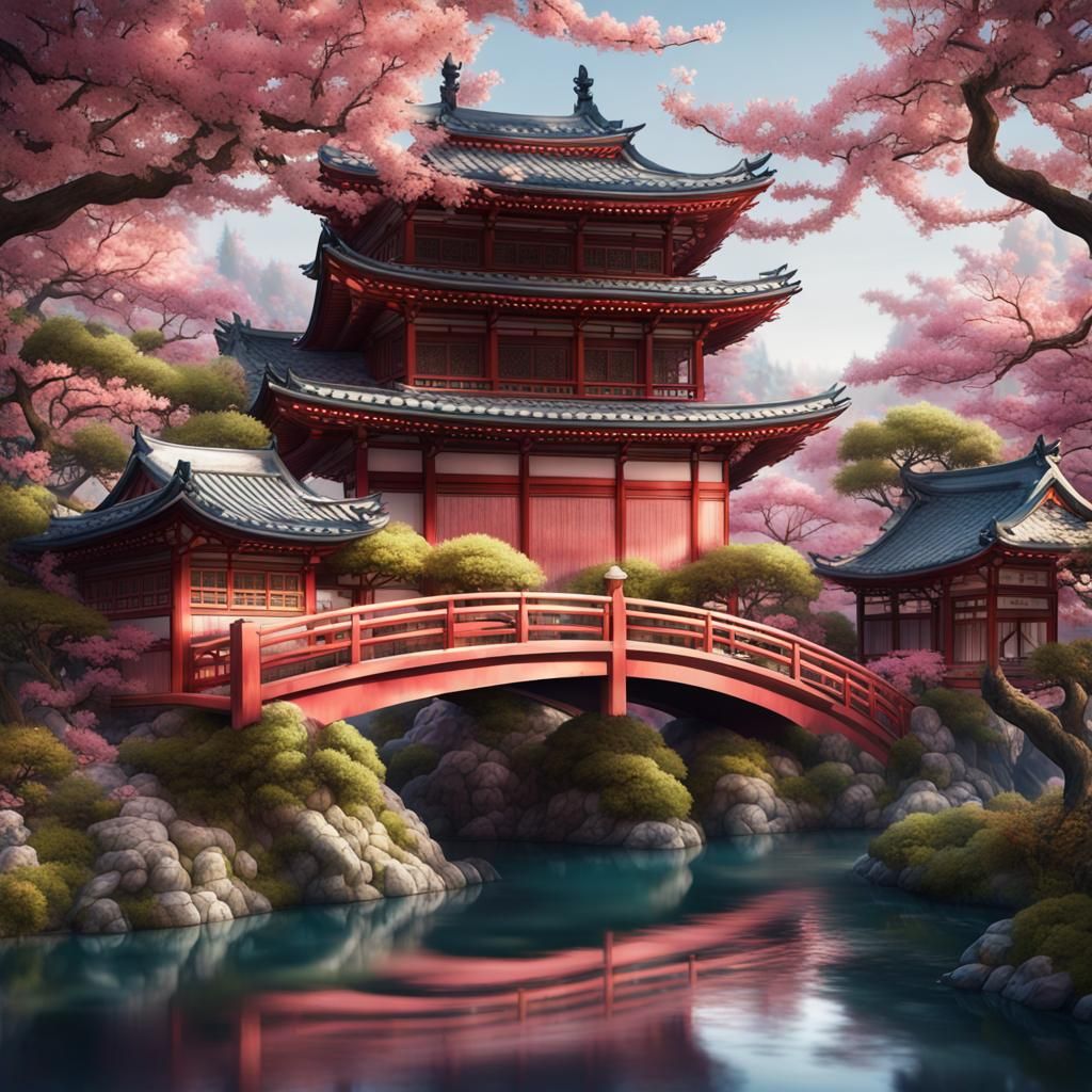 Beautiful Japanese Garden with Geisha in Pastel Colors