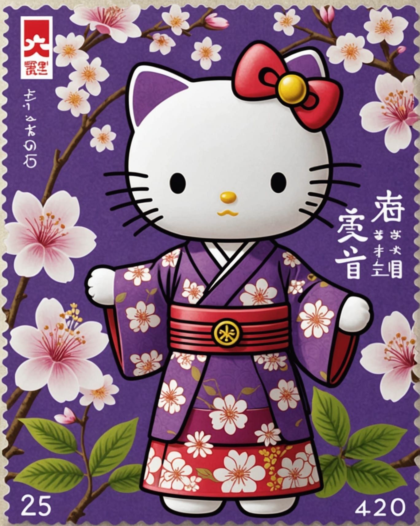Hello Kitty in Kimono on Postage Stamp