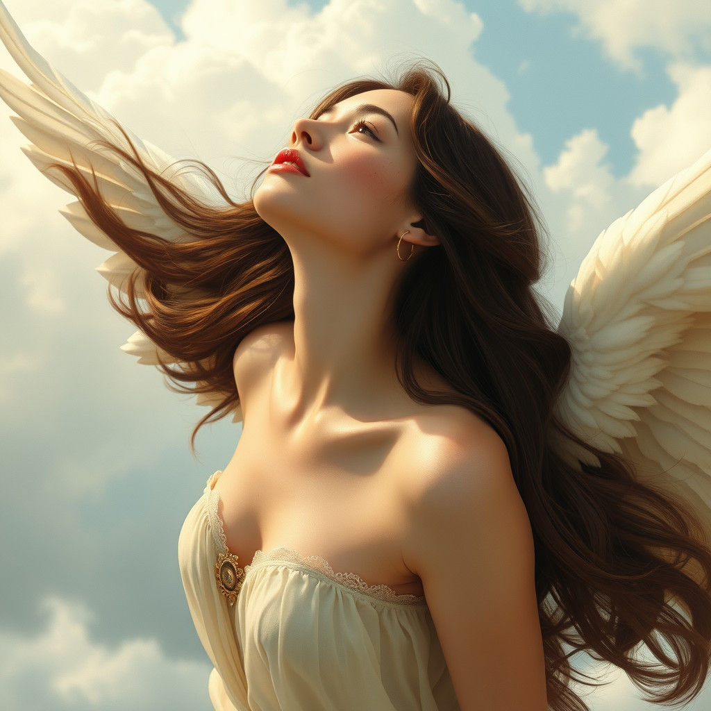 Angel Soaring in Sky with Brown Hair and Freckles