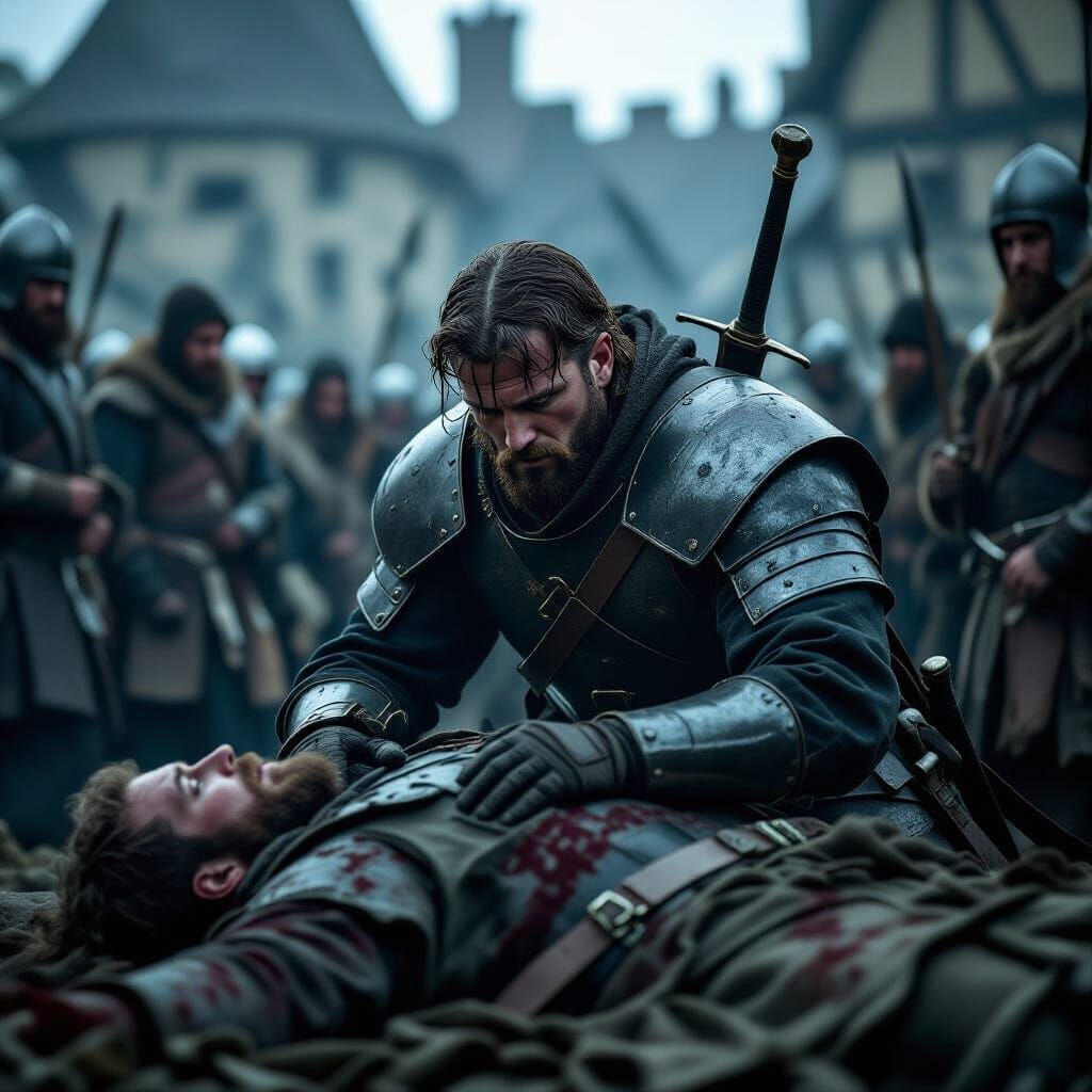 Medieval Soldier Mourns Fallen Comrade in Cinematic Photo