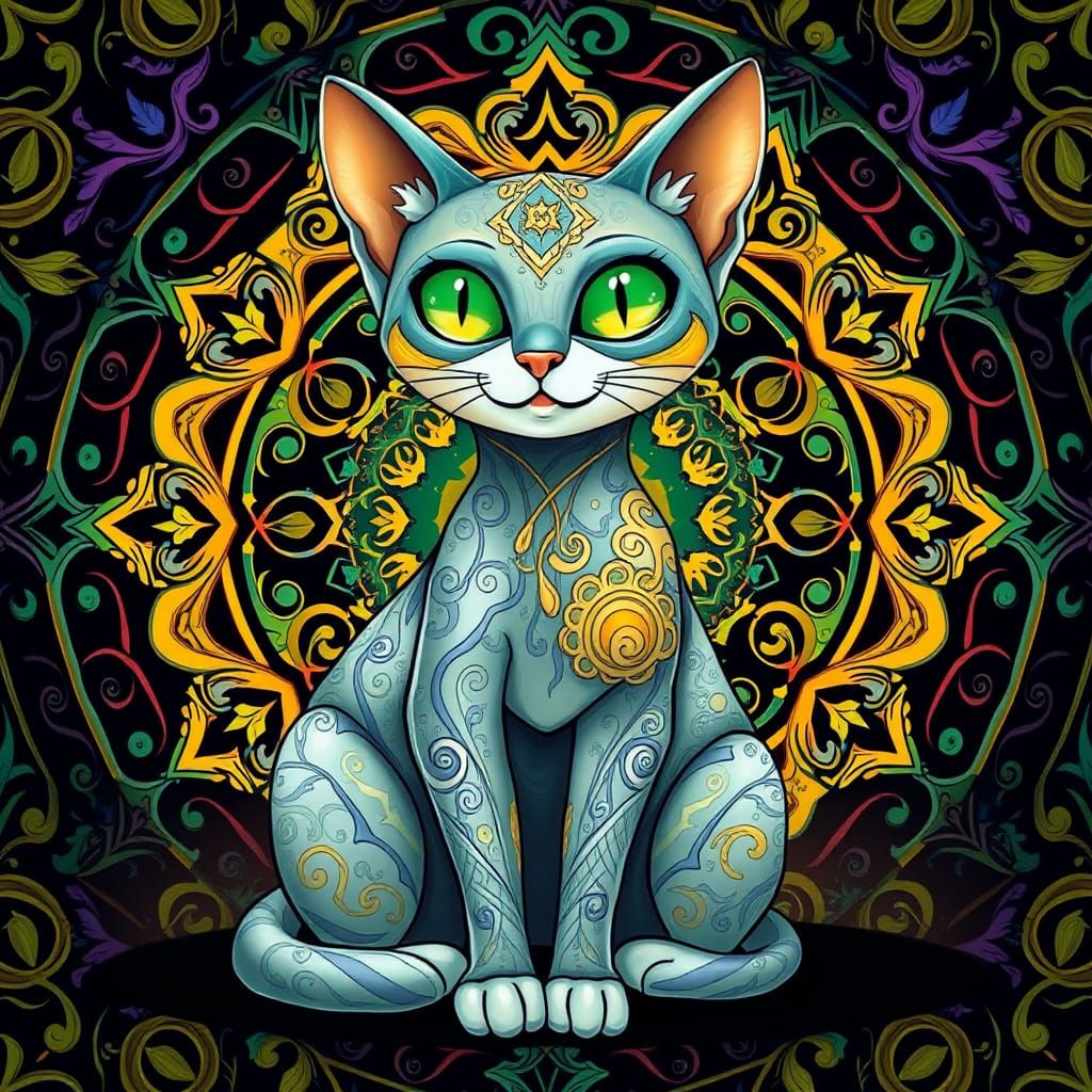 Stylized Cat with Zentangle Patterns in Art Nouveau Style