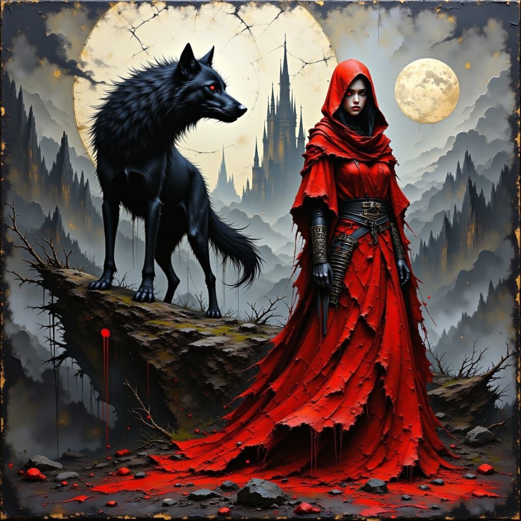 Red Hooded Warrior and Wolf in Impasto Style