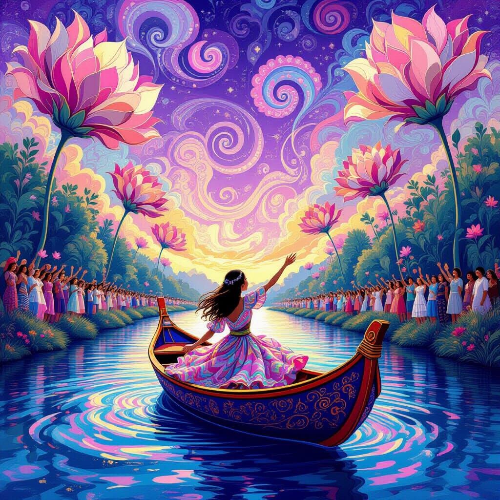 Serene Boat Ride Under Psychedelic Skies
