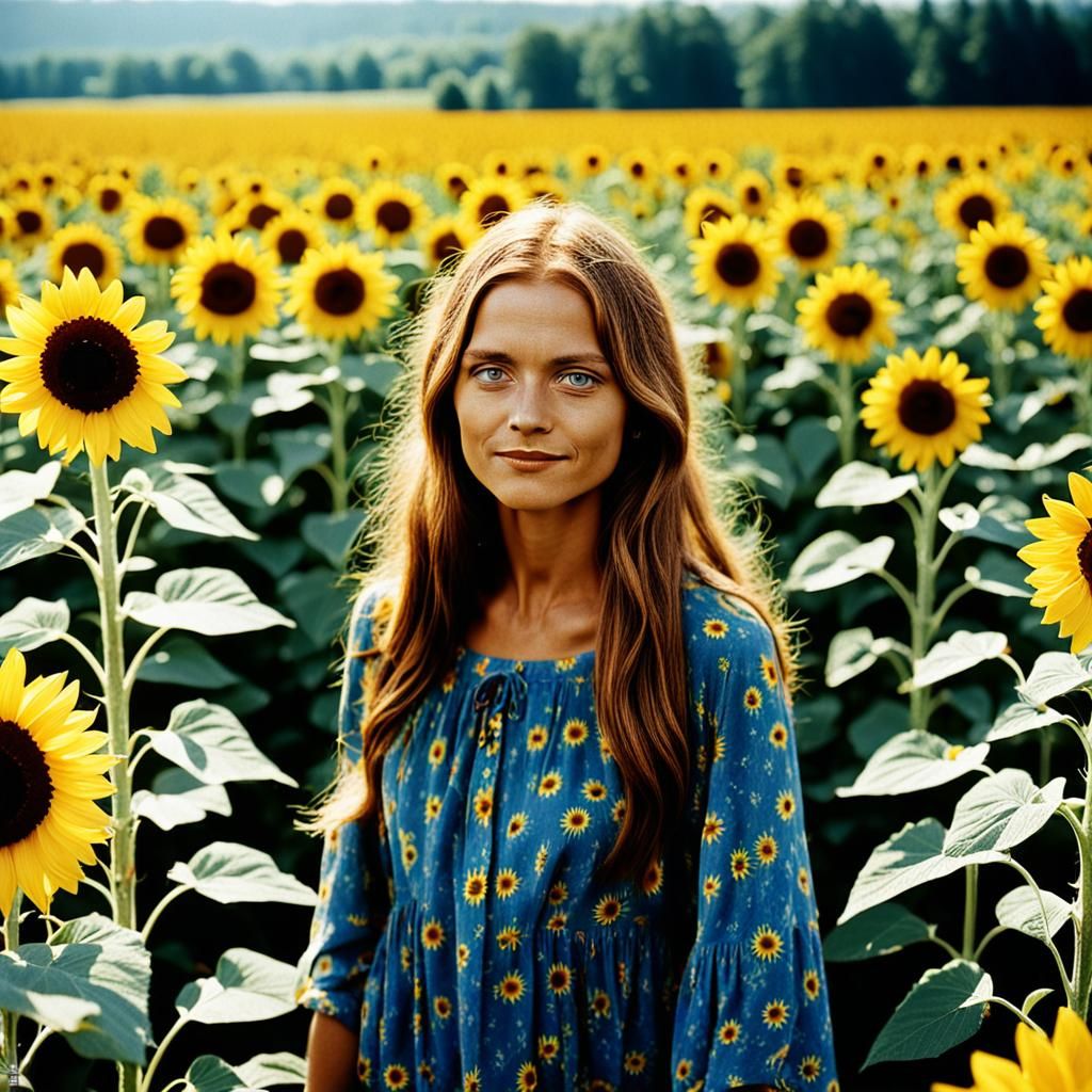 Hippie Woman in Sunflower Field, Circa 1966