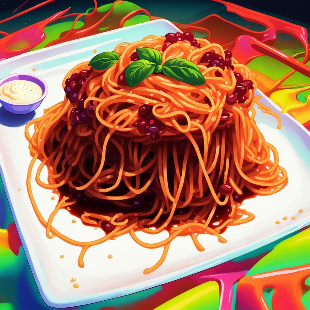 Slurpy spaghetti in delicious sauce synthwave neon retro