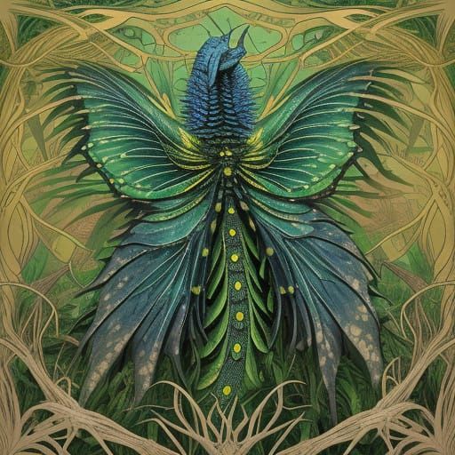 Towering Reptilian Creature with Iridescent Bloom