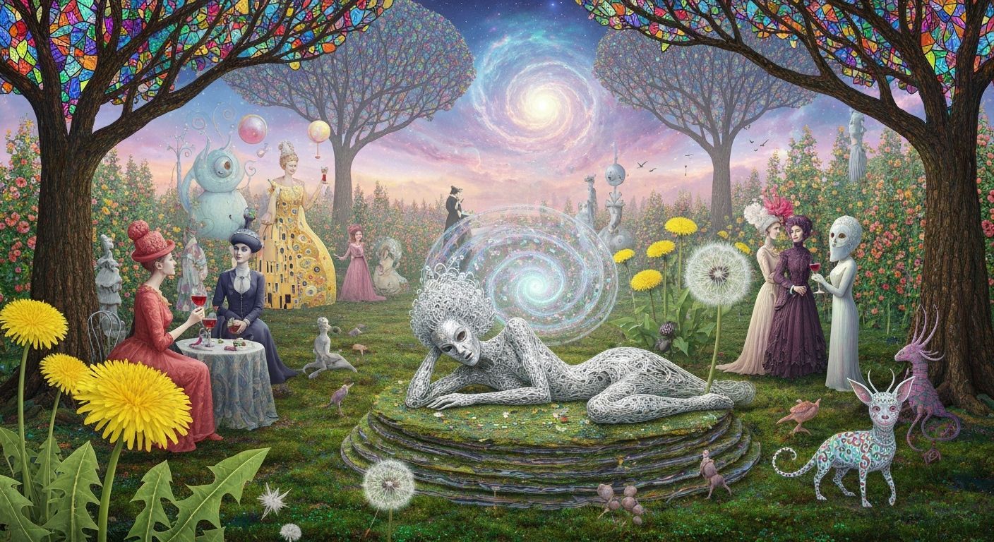 Surreal Garden Party with Dreamlike Creatures