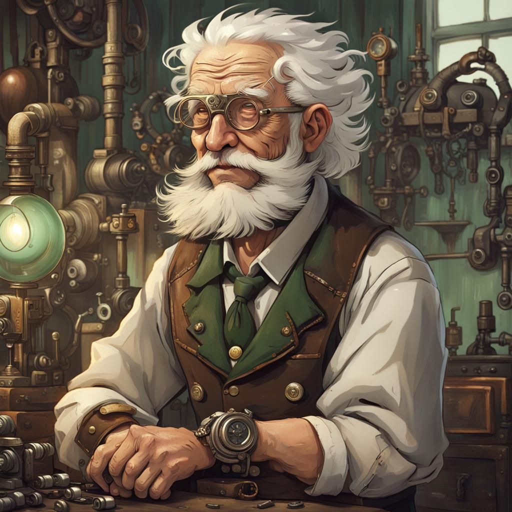 Steampunk Mechanic in Coastal City, Detailed Digital Art