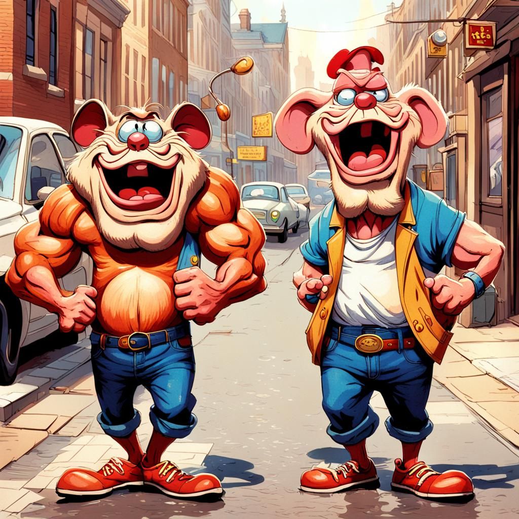 Buff Ren and Stimpy Walking Through Town