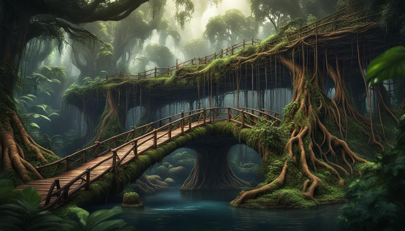 Jungle Root Bridge: Detailed Fantasy Concept Art