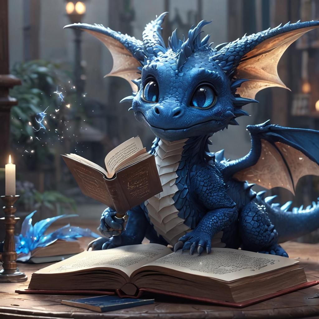 Blue Dragon Reads Book, 3D Anime Art