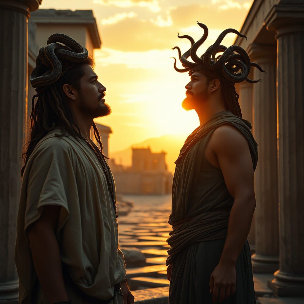 Man Frozen in Awe Before Enchanted Medusa in Ancient Ruins