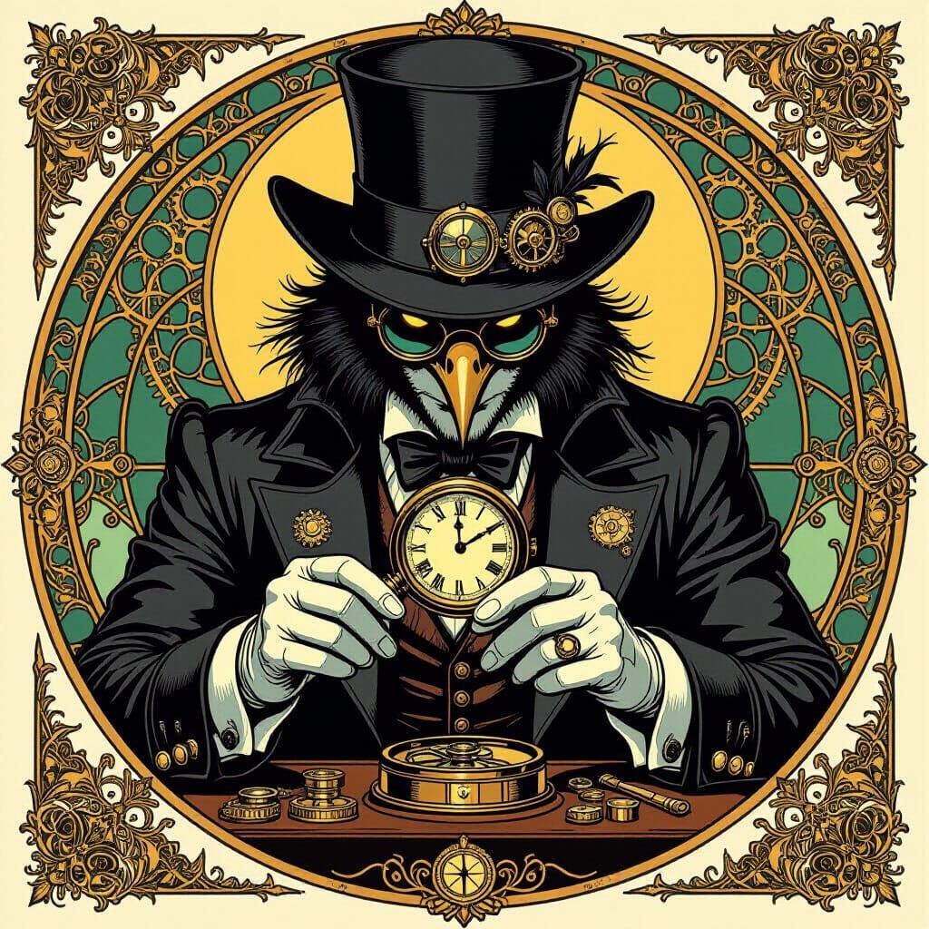 Steampunk Raven Doctor Inspects Timepiece in Art Nouveau Sty...