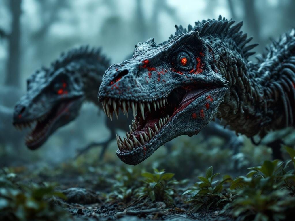Zombified Velociraptors in Jurassic Park Environment