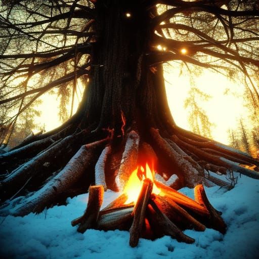 Knight by Campfire in Snowy Dark Souls World