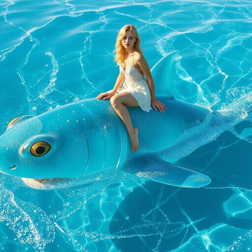 Blonde Woman on Gummy Shark in Soda Sea, Art Nouveau Style