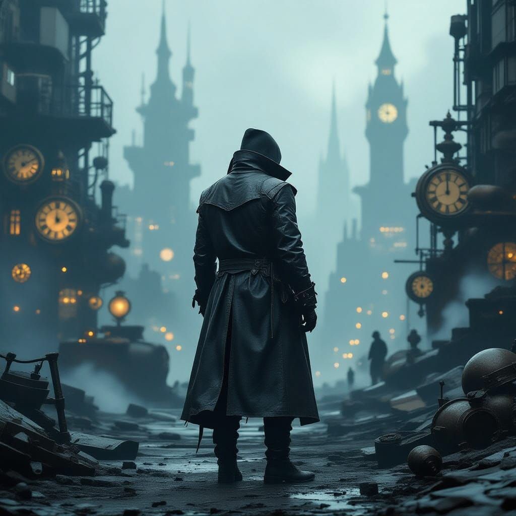 Dystopian Steampunk Cityscape with Lone Figure