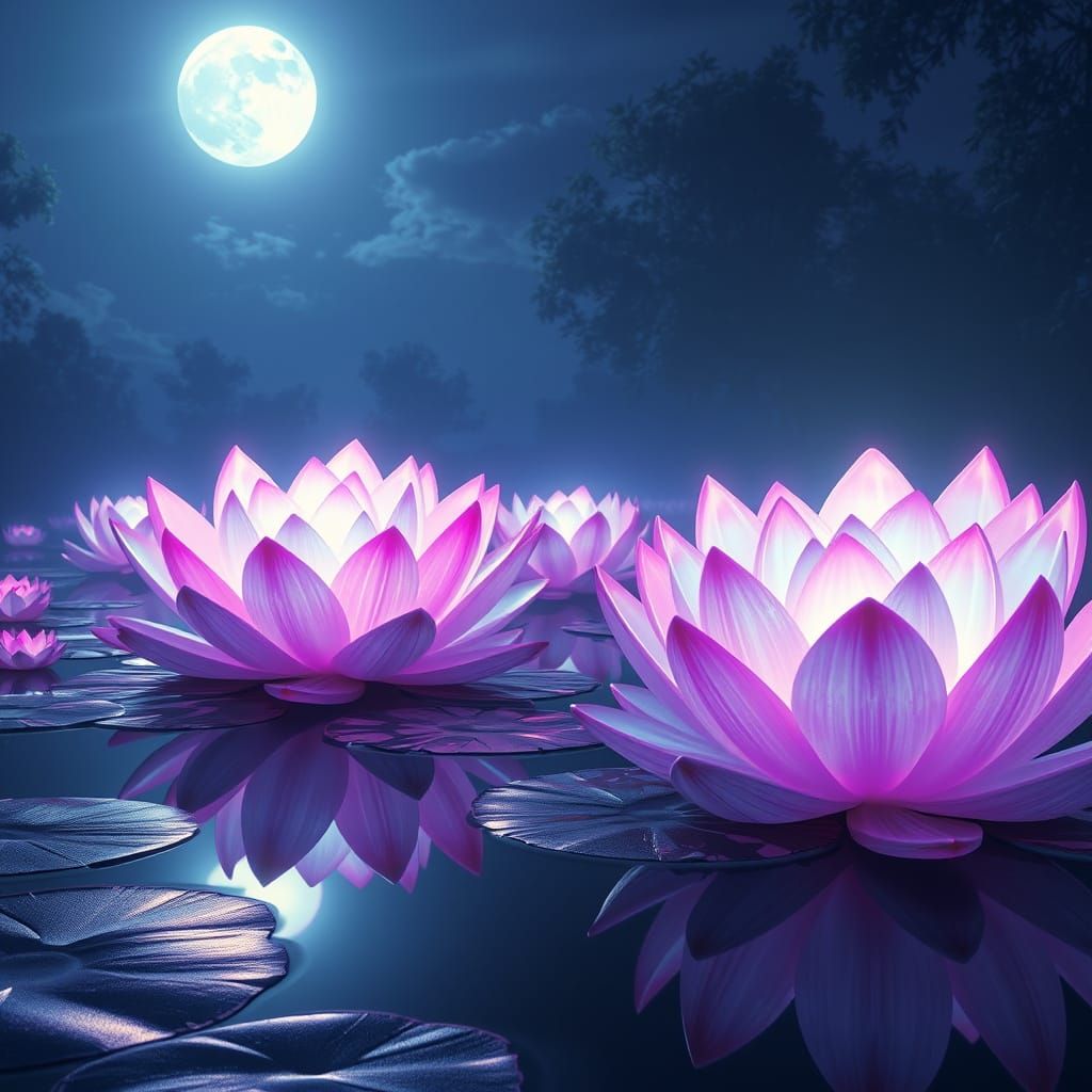 Serene Moonlit Lotus Bloom in Cyberpunk Dreamscape