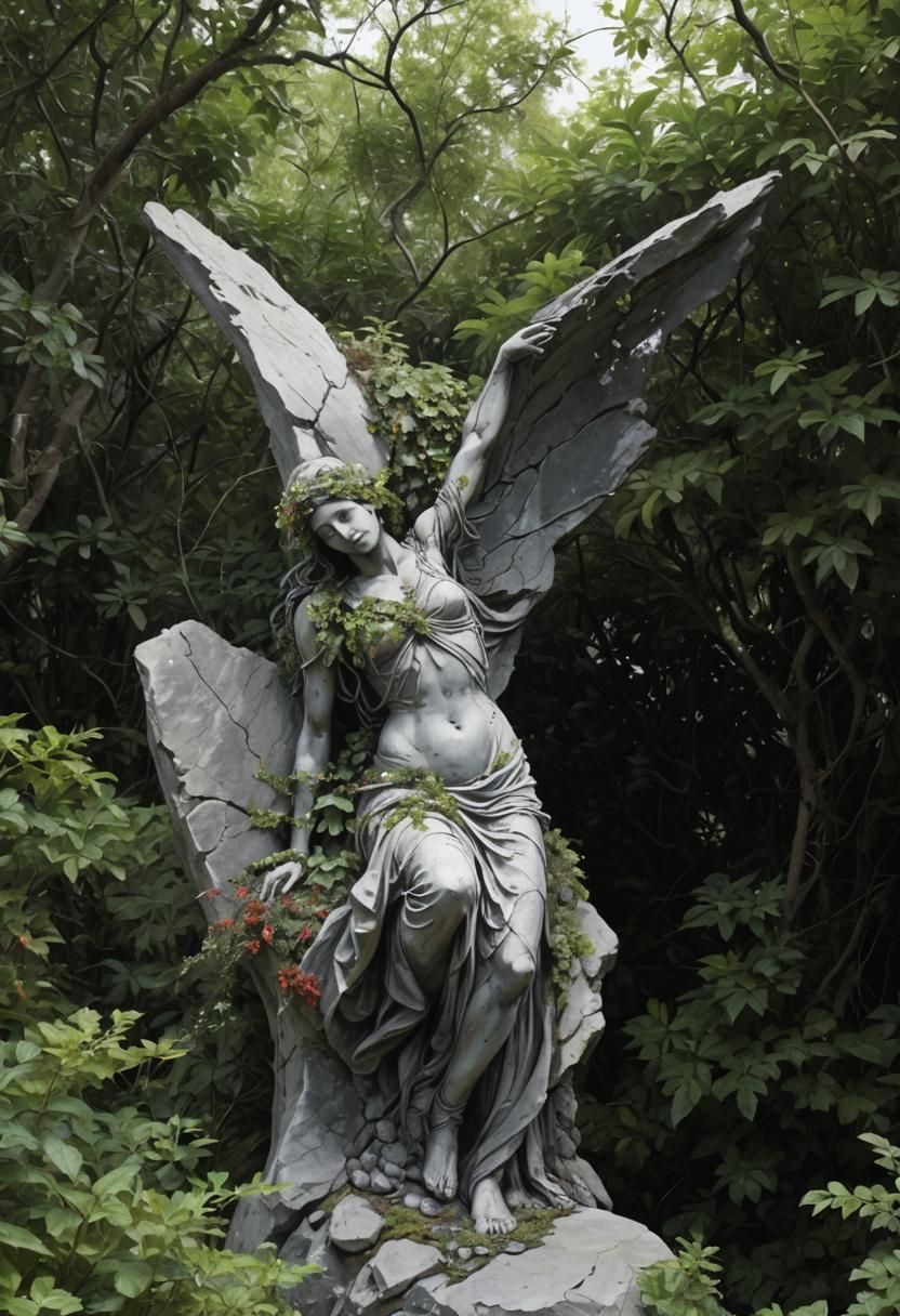 Renaissance Rock Woman Sculpture Covered in Vegetation
