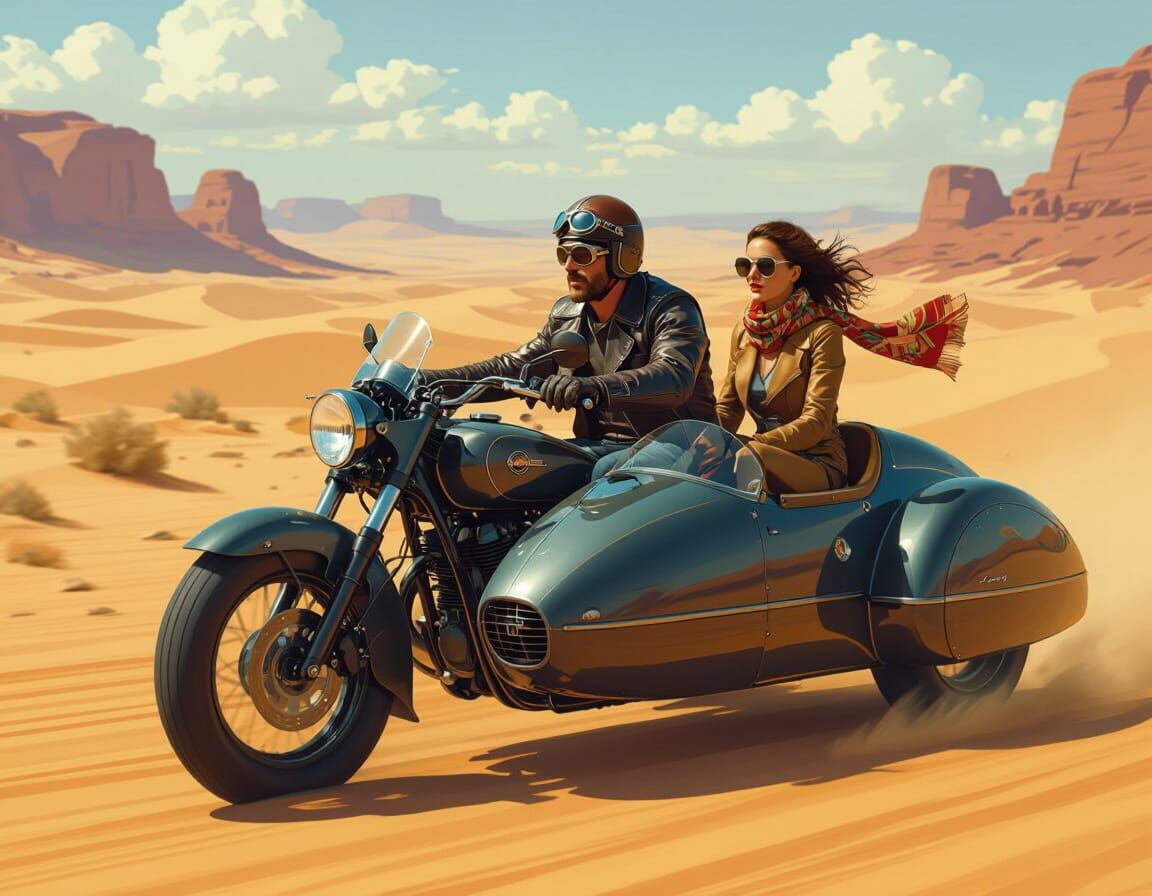 Vintage Motorcycle Adventure Through Desert Landscape