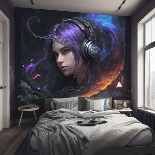 Girl Listening to Music in Detailed Matte Painting