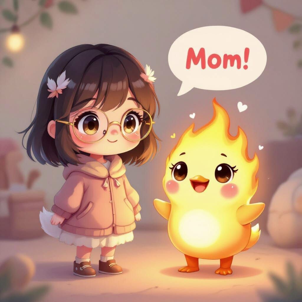 Cute Duck Girl With Glasses and TikTok Flame Mascot in Anime...
