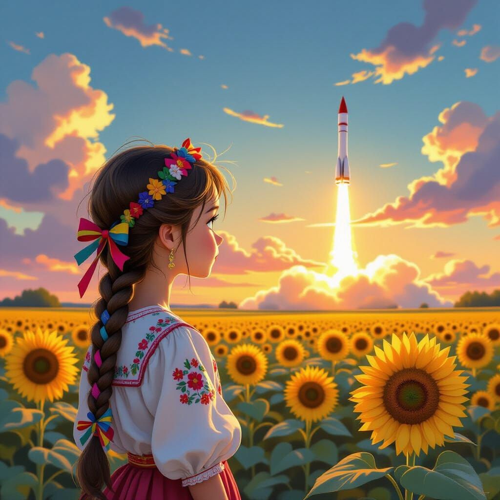 Ukrainian Girl Gazing at Rocket Launch, Disney Animation