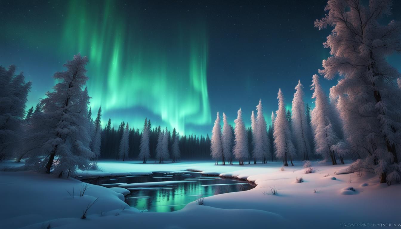 Aurora Borealis Over Frozen Lake: Detailed Matte Painting