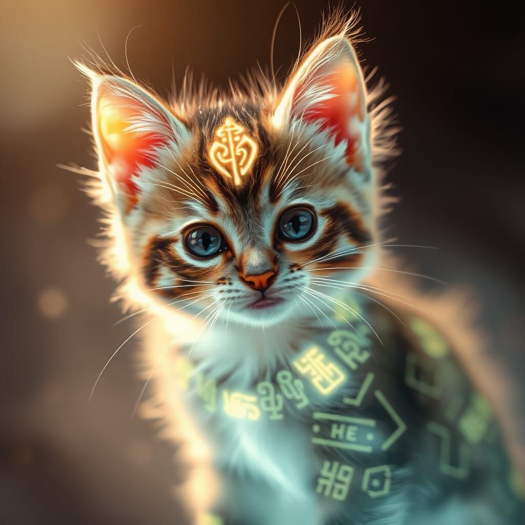 Prismatic Kitten with Glowing Runes