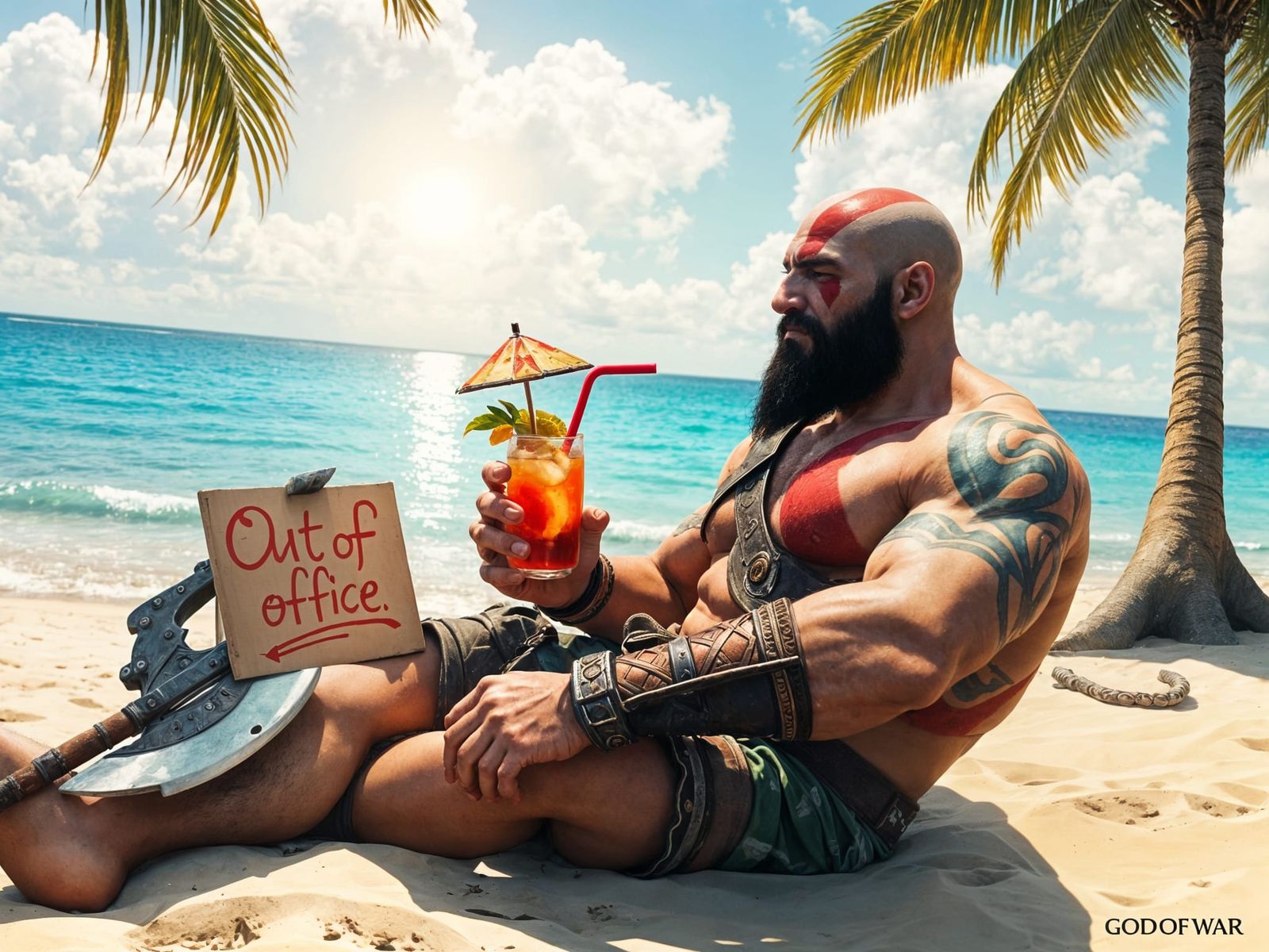 Kratos Unwinds on a Tropical Beach in a Cyberpunk Twist