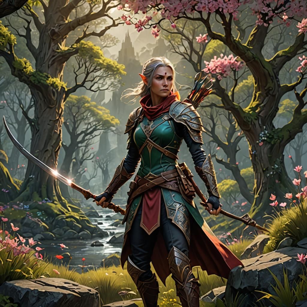 Spring Eladrin Ranger with Longbow, Fantasy Art