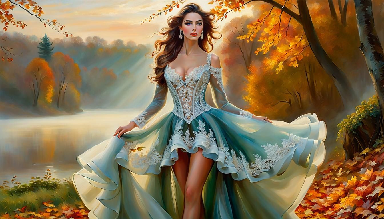 Woman in Billowing Dress in Autumn Mist
