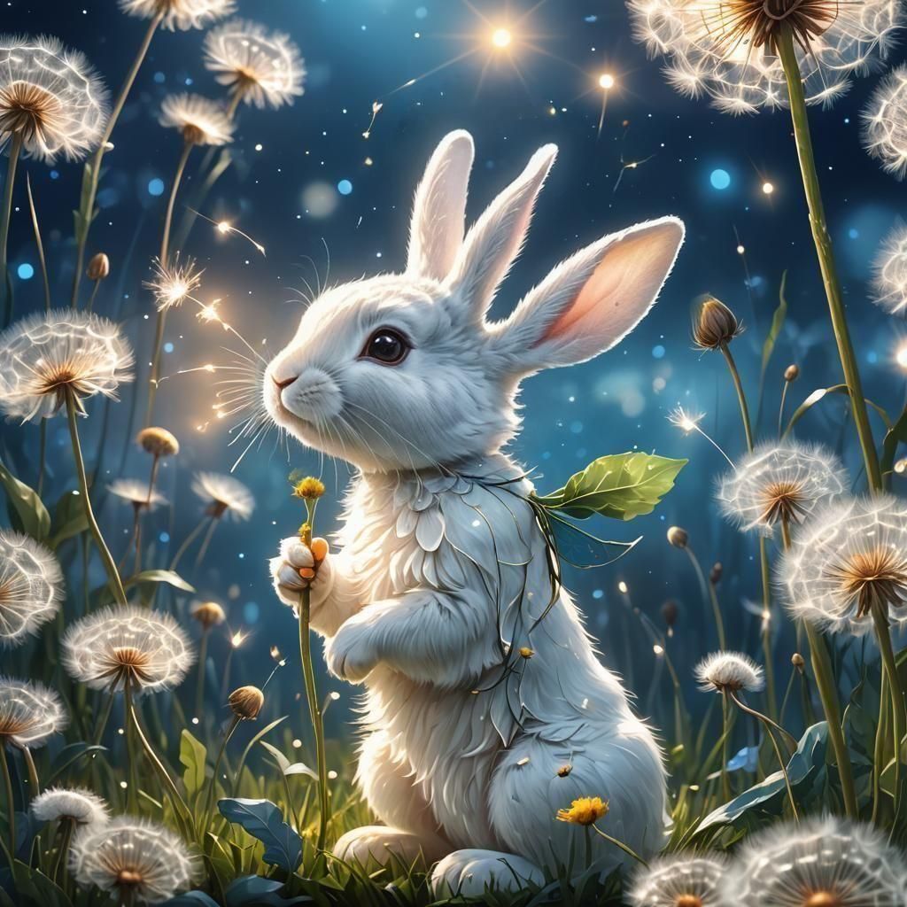 Fantasy Rabbit with Dandelion in Storybook Illustration