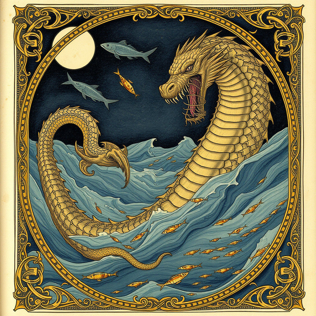 medieval manuscript page of mythical sea serpent demon Levia...