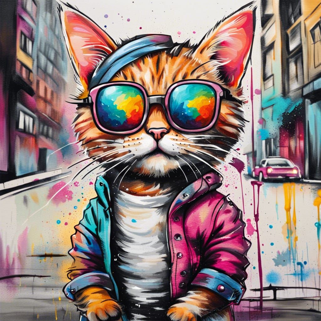 Hipster Cat Walking in City Graffiti Art