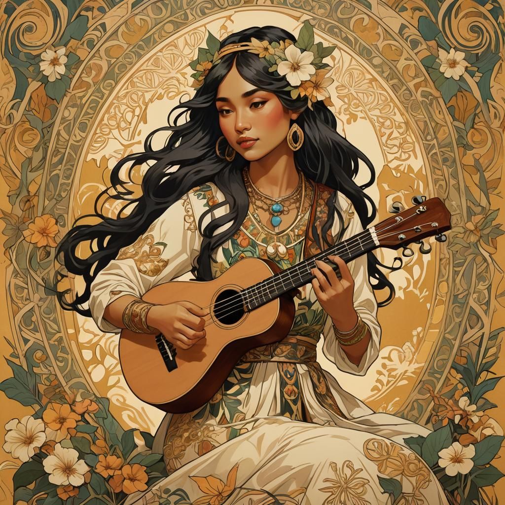 Tahitian Singer with Ukulele in Art Nouveau Style