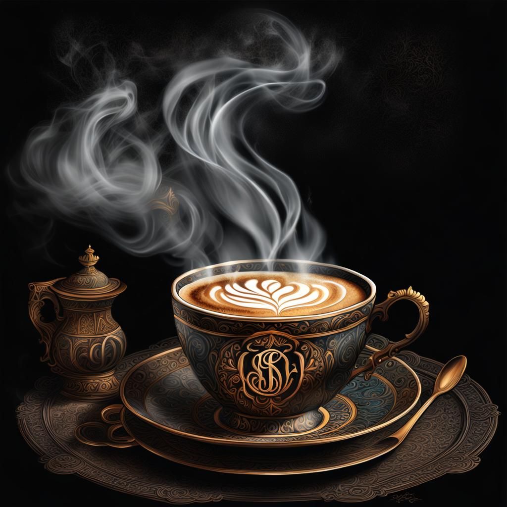 Elegant Steaming Coffee with Gothic Monogram, Coffepunk Art